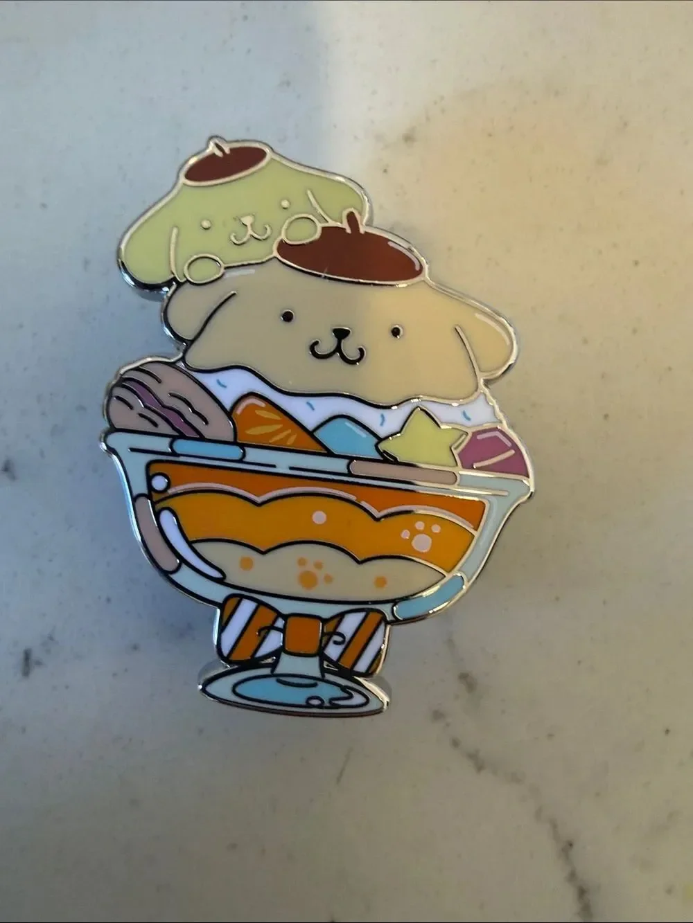 Hello Kitty Pompompurin Ice Cream Sundae Enamel Pin - Yellow, Cream, Pink